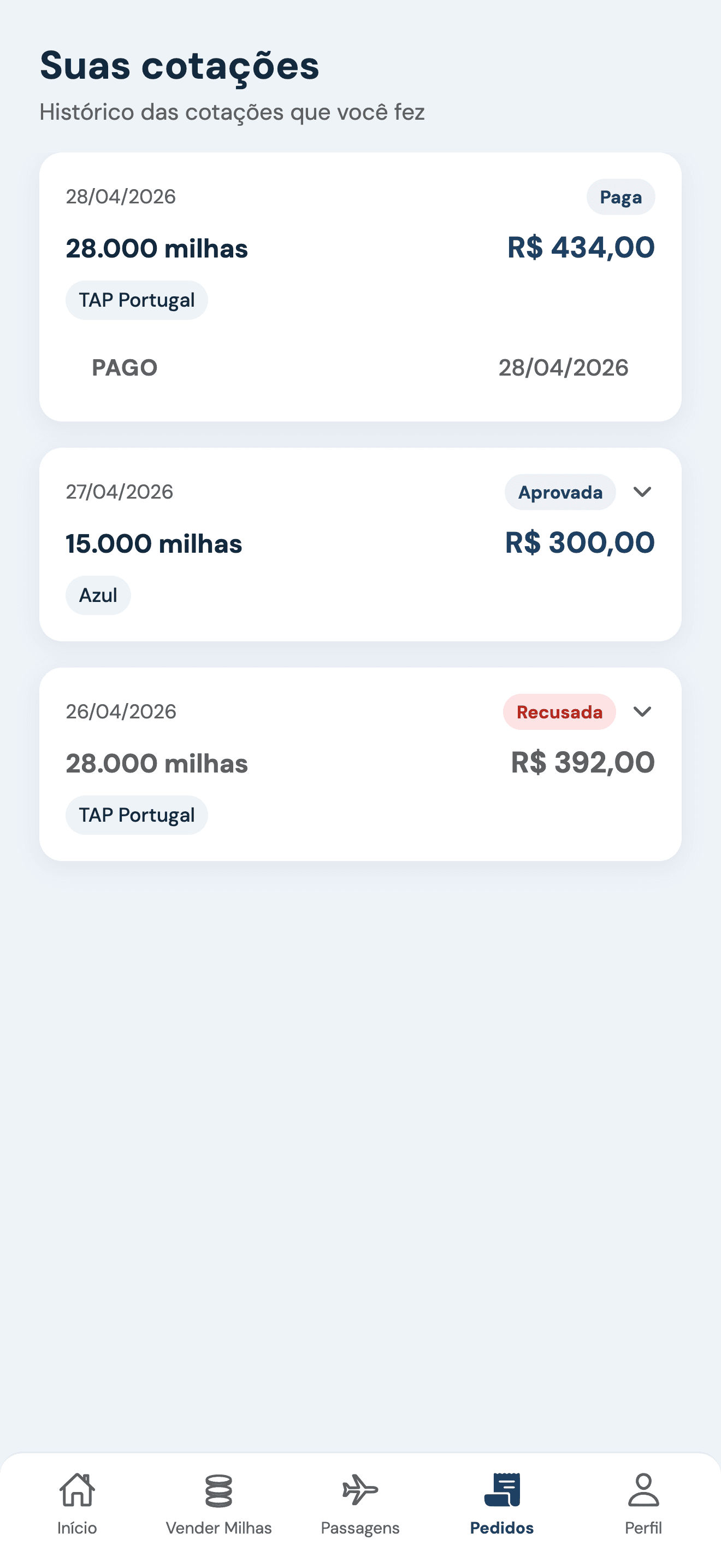 Cotação no aplicativo