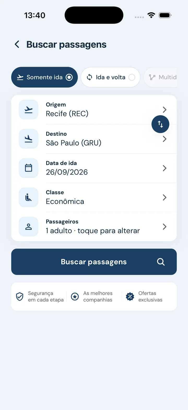 Tela de busca do app Mais Milhas com origem Recife, destino São Paulo, data 26/09/2026 e um adulto