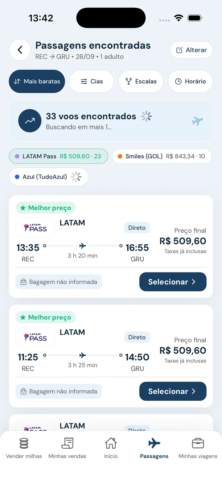 Resultados no app Mais Milhas mostrando 33 voos encontrados, com LATAM Pass a R$ 509,60 e Smiles a R$ 843,34